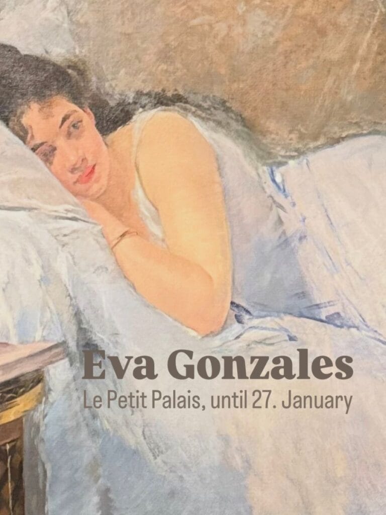 Eva Gonzales Paintin. Woman laying in bed with white sheets, she looks dreamy to the right side of the frame, without looking at the painter. The Painting has written "Eva Gonzales, Le Petit Palais, until 27. January written on it"