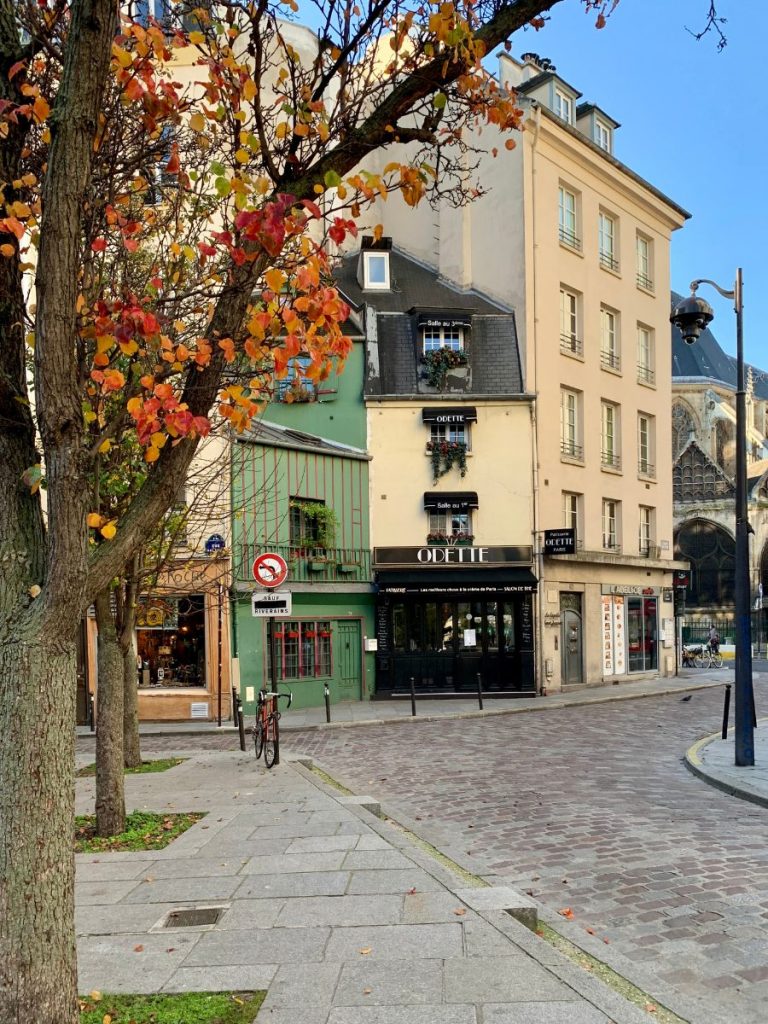The image shows a quaint Parisian street corner with cobblestone roads, framed by a tree with autumn-colored leaves. The building in focus is a charming café called "Odette," with black awnings and flower boxes adorning the windows. The surrounding architecture includes pastel-colored facades, and a bicycle is parked nearby, adding to the peaceful, picturesque scene. The atmosphere is calm and inviting, capturing the cozy charm of a quiet Parisian neighborhood in fall.