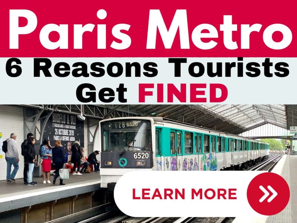 A promotional graphic featuring a Paris metro train at a station platform with passengers waiting. The top half of the image has bold text that reads, 'Paris Metro: 6 Reasons Tourists Get FINED,' with 'FINED' emphasized in red. At the bottom right, a red button with white text says 'LEARN MORE,' accompanied by an arrow icon.