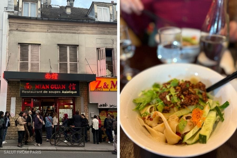 Noodle dish with cucumbers and a brown sauce. Left picture shows th restaurant from the outside with red neon lights and a queue waiting in front of the restaurant