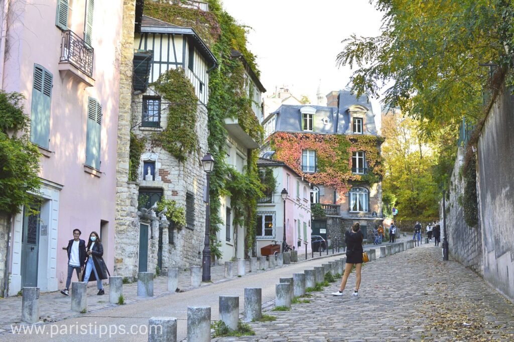 charming Rue de l'Abreuvoir street in Montmartre, Paris, lined with quaint, ivy-covered houses in pastel hues, including pink and stone facades. People stroll and take photos, enjoying the peaceful and picturesque neighborhood ambiance.