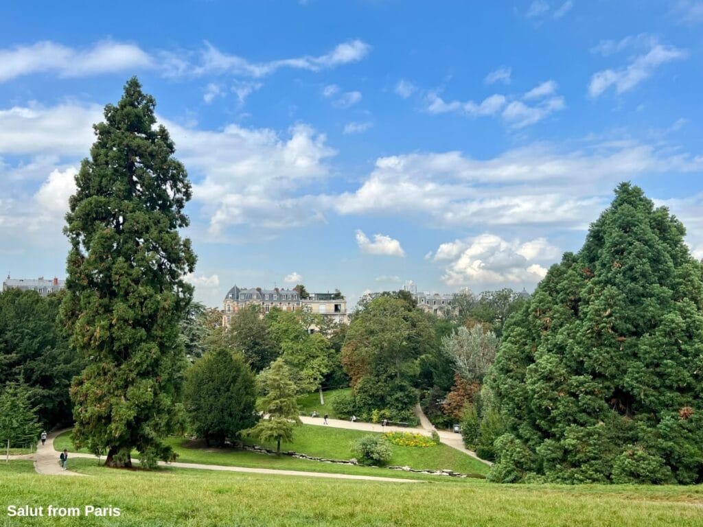 lush green park in Paris with towering trees, winding pathways, and a distant view of classic Parisian buildings under a bright blue sky dotted with clouds.