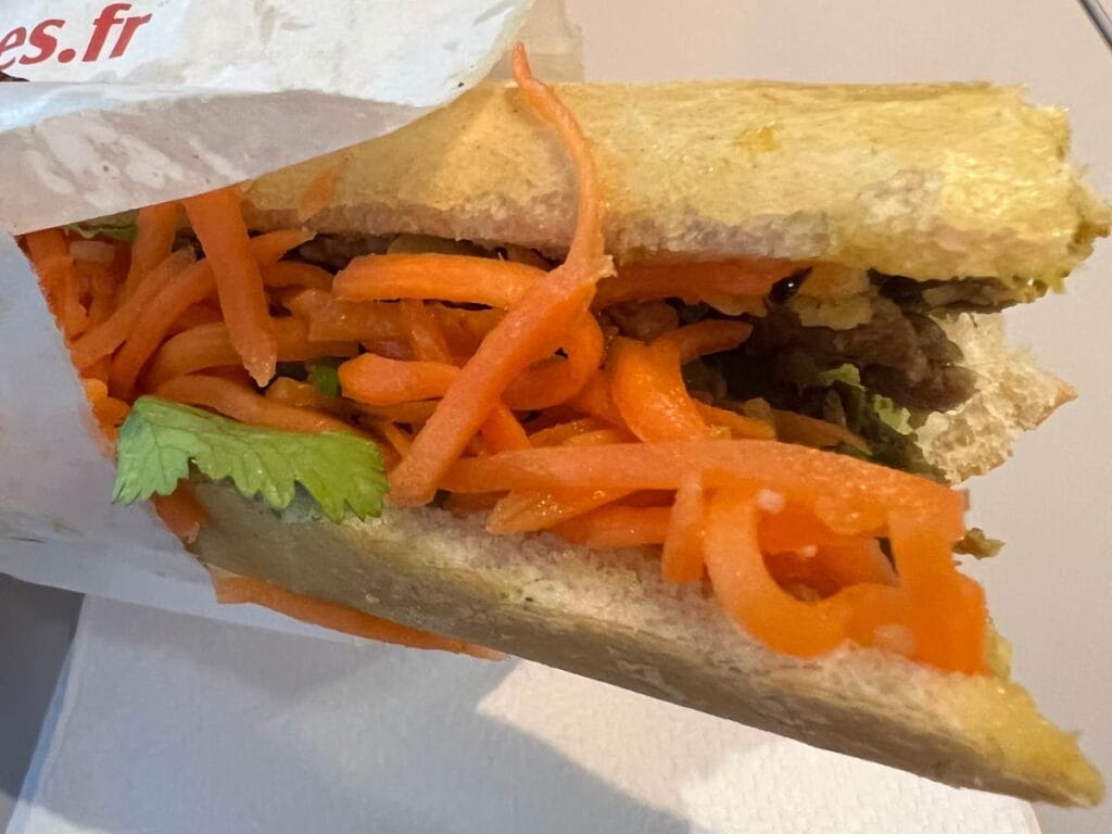 Sandwich from Tang Frere with carrots, lemon gras beef, corriander, Bánh mì
