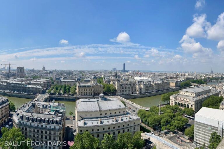 This stunning panoramic view from the Tour Saint-Jacques showcases the heart of Paris, with the Seine River winding through the city. Iconic landmarks like the Notre-Dame Cathedral, the Eiffel Tower, and the Montparnasse Tower stand tall against the bright blue sky, dotted with wispy clouds. The rooftops of historic buildings, tree-lined streets, and the vibrant urban landscape highlight the city's charm.