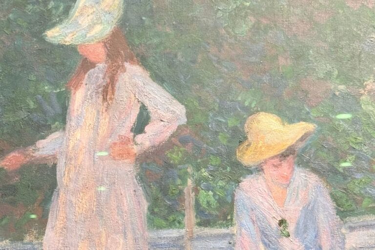 Impressionist Painting of Women in a Boat Soft-focus painting of two women in pastel dresses and wide-brimmed hats sitting in a boat, surrounded by lush greenery, typical of Monetโs impressionist style.